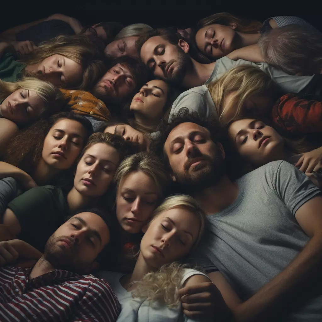 paisible et chaleureuse de plusieurs couples endormis ensemble dans un lit spacieux, reflétant l'intimité et la complicité après une soirée mémorable. Les visages détendus des partenaires expriment la sérénité, tandis que la lumière tamisée crée une atmosphère douce et apaisante