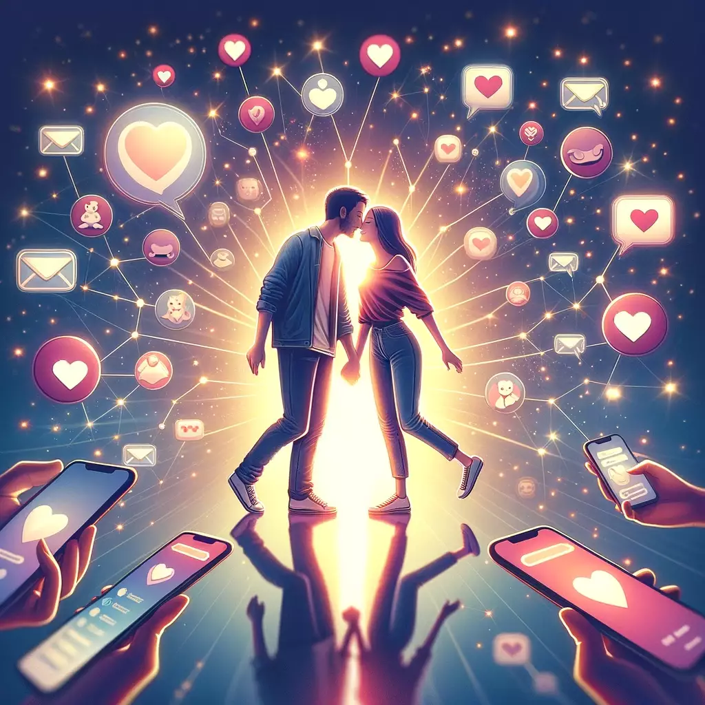 symbolisant l'amour et la complicité dans l'ère numérique, entouré d'éléments représentant les réseaux sociaux et la communication moderne.