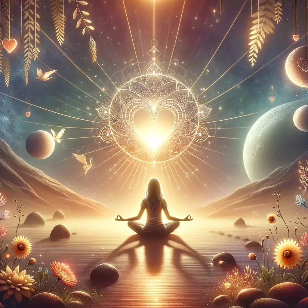 DALL·E 2024-03-27 19.58.51 - Créez une image qui représente la méditation de l'amour-propre avec une personne en position de méditation, entourée de lumière douce et de symboles