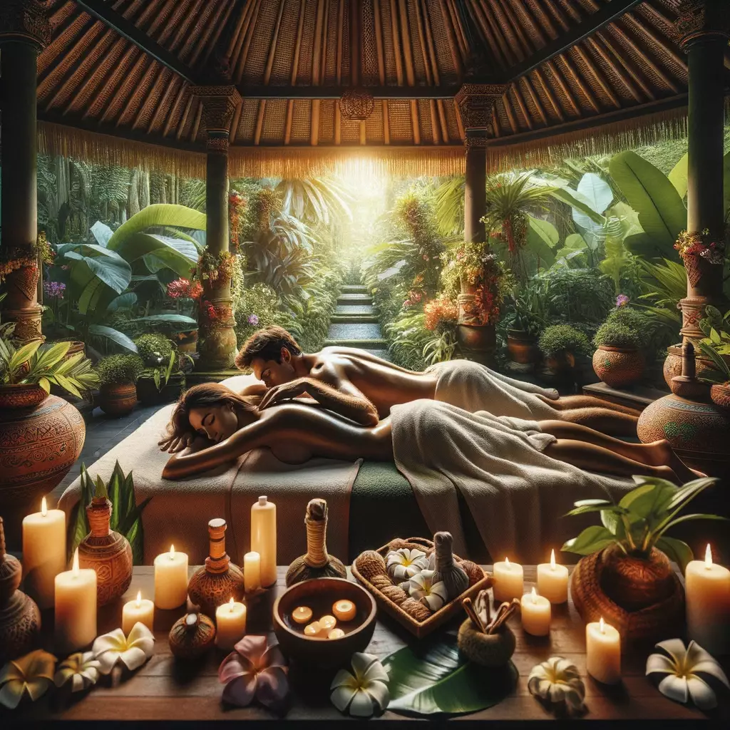 une image qui capture parfaitement l'essence d'un massage en duo dans un cadre paradisiaque inspiré par Bali, évoquant la tranquillité, l'intimité et l'évasion partagée entre deux personnes.