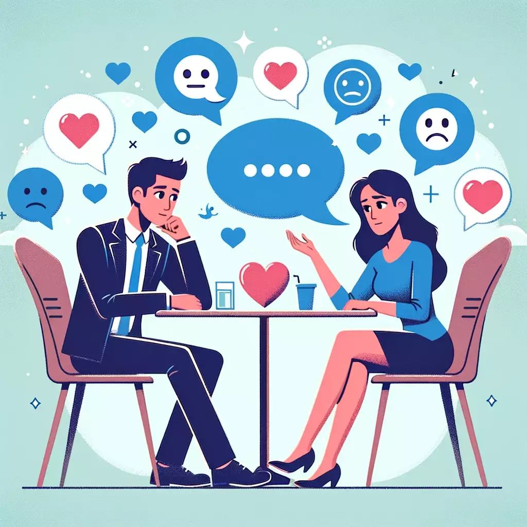 DALL·E 2024-04-10 09.42.20 - Créez une image qui illustre la communication et la gestion des émotions dans une relation amoureuse. Imaginez un couple assis en face l'un de l'autre