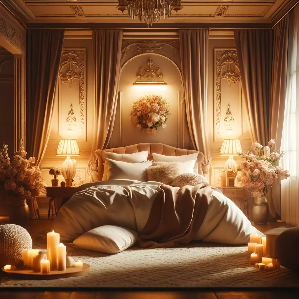 l'image créée, représentant un cadre de chambre romantique et chaleureux, idéal pour un couple. L'atmosphère y est douce et invitante, avec un éclairage tamisé et une décoration élégante, favorisant la proximité et la connexion personnelle.