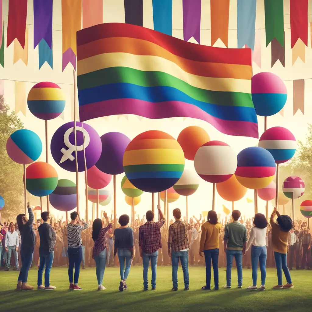 Elle montre un groupe de personnes diverses, chacune tenant un drapeau symbolisant différentes orientations sexuelles comme gay, lesbienne, bisexuel, pansexuel, asexuel, et queer. L'environnement est extérieur, dans un parc ou lors d'un événement public, avec une atmosphère de célébration et d'inclusivité, vibrant et coloré, symbolisant l'unité dans la diversité.