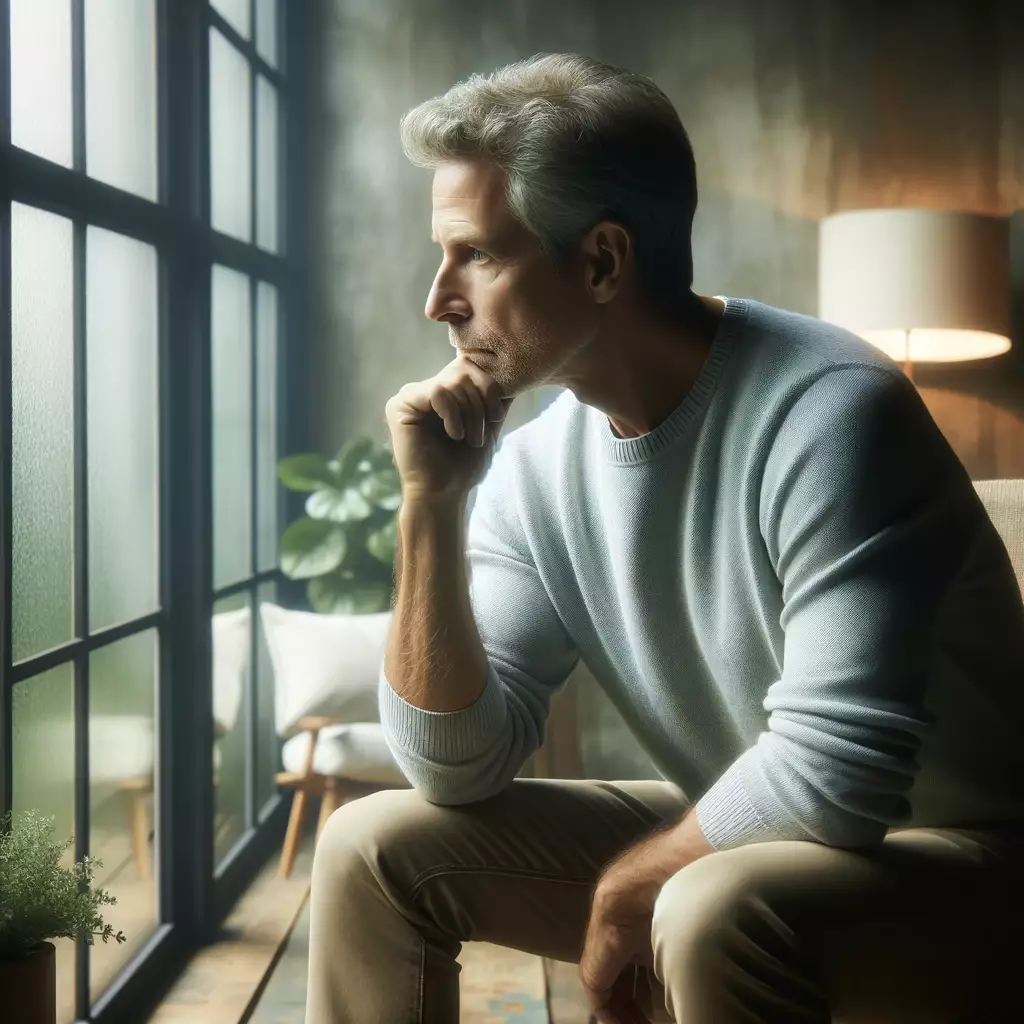 Moments de réflexion un homme mûr trouve la paix intérieure dans un cadre tranquille, illustrant l'importance de l'introspection pour la santé mentale.