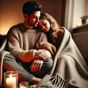 Une image chaleureuse d’un couple enveloppé dans une couverture douce, profitant d’un moment intime post-rapports. Parfaite pour illustrer l’importance de l'aftercare, cette pratique essentielle pour consolider le lien émotionnel et partager du réconfort.