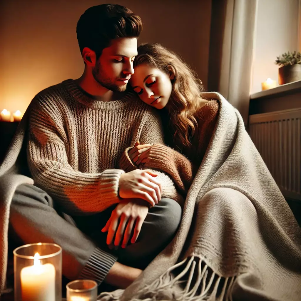 Une image chaleureuse d’un couple enveloppé dans une couverture douce, profitant d’un moment intime post-rapports. Parfaite pour illustrer l’importance de l'aftercare, cette pratique essentielle pour consolider le lien émotionnel et partager du réconfort.